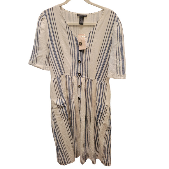 Chelsea & Theodore White Blue Striped Button Down Dress, Sz L - NWT - Picture 2 of 7